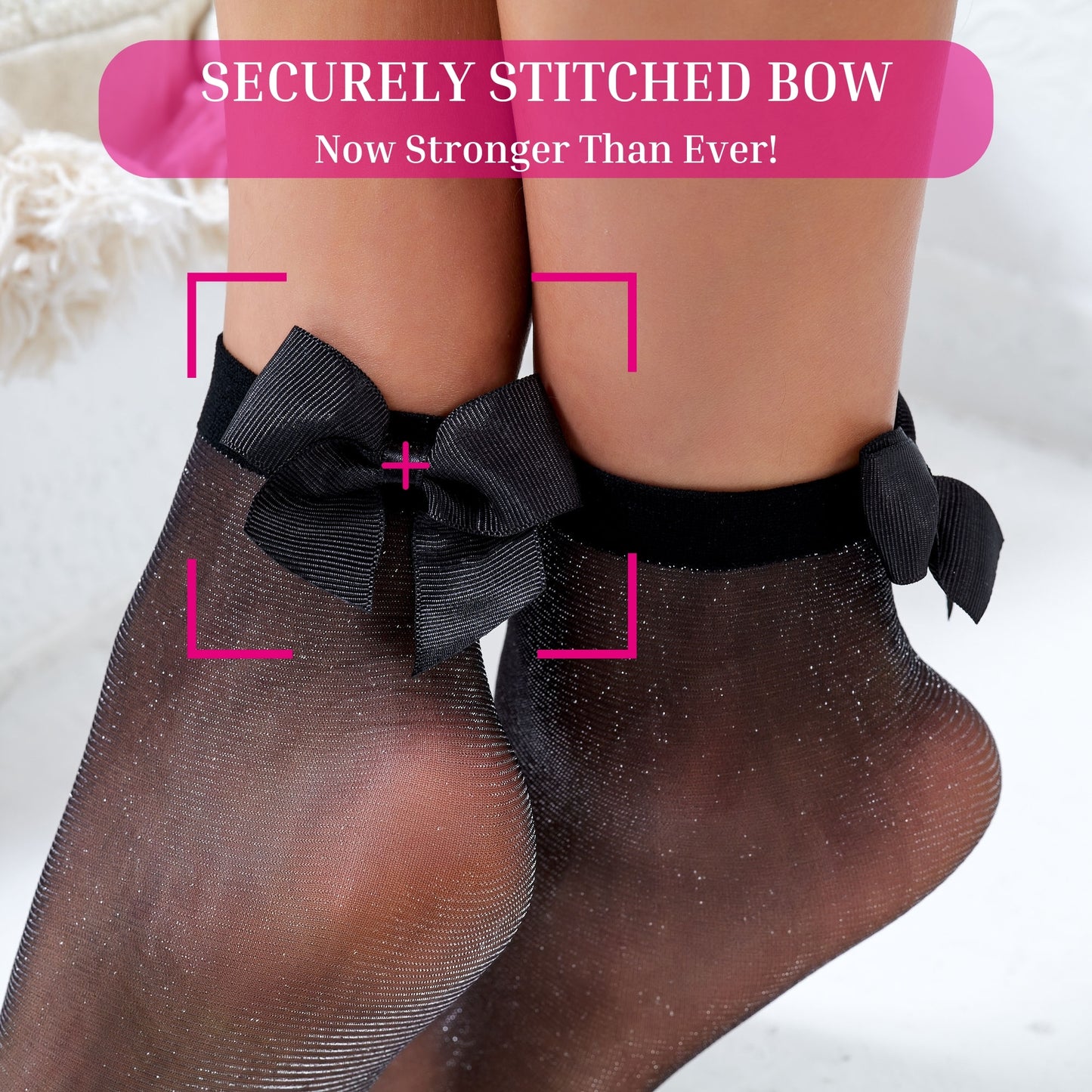 Women's European Fashion Black Sheer Ankle Socks - Securely Stitched Bow