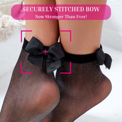 Women's European Fashion Black Sheer Ankle Socks - Securely Stitched Bow